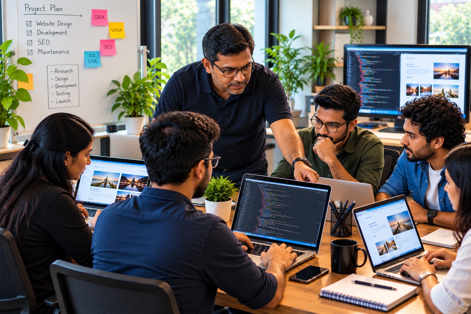 Creative team collaborating around a table
